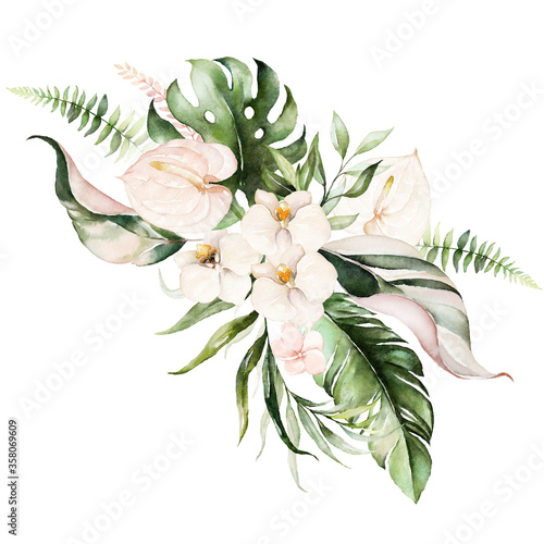 Watercolor tropical floral bouquet - green leaves and blush flower. For weddi...