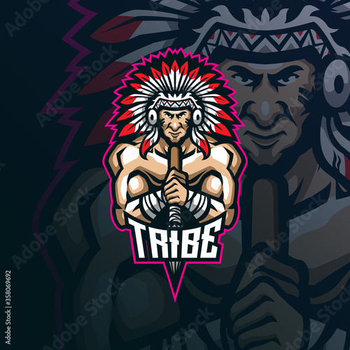tribe mascot logo design vector with modern illustration concept style for badge, emblem and t shirt printing. tribe illustration with spear in hand.