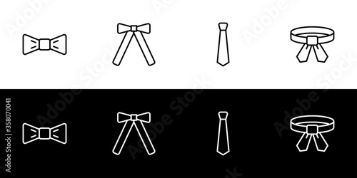 Necktie type icon set. Flat design icon collection isolated on black and white background. Bowtie, western bowtie, necktie, and neckerchief.
