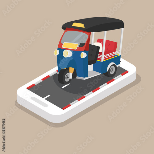 Isometric tuk tuk  on the mobile phone