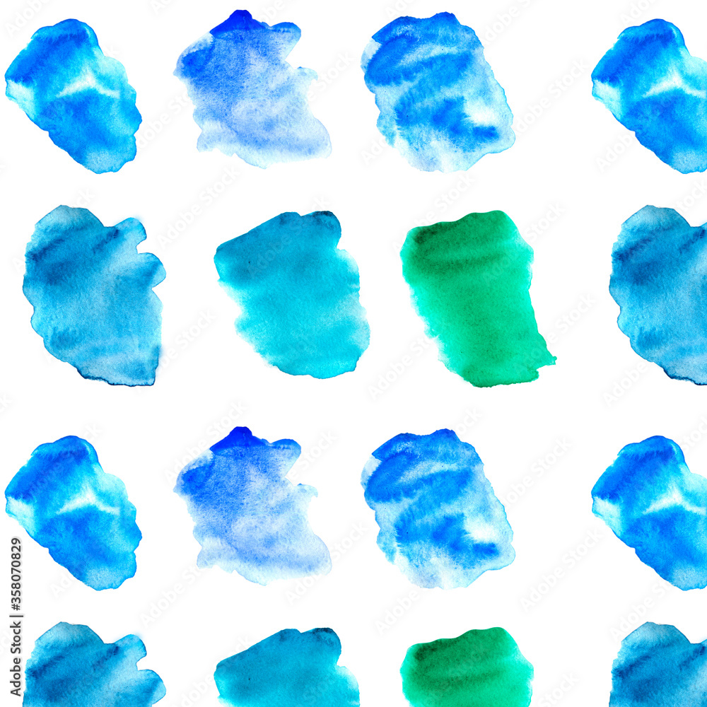 Watercolor seamless  pattern. Abstract watercolor blue and green stains on white.