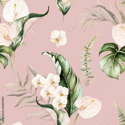 Green tropical leaves and blush flowers on pink background. Watercolor hand p...
