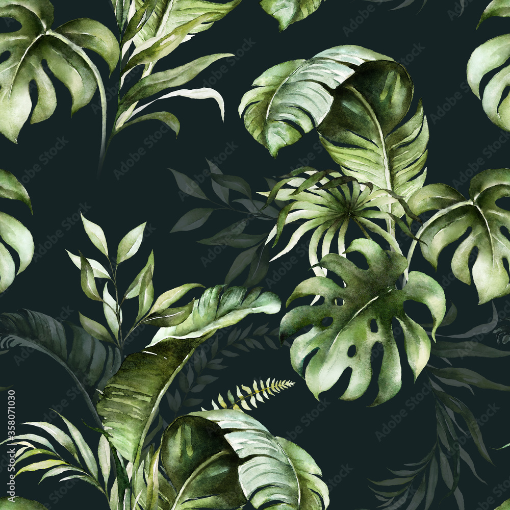 Fototapeta Green tropical leaves on dark background. Watercolor hand painted seamless pattern. Floral tropic illustration. Jungle foliage.