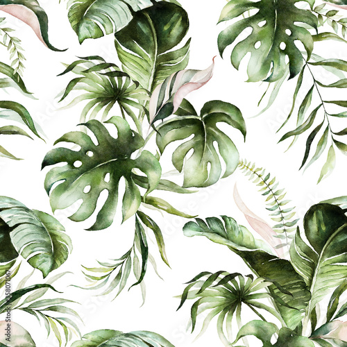 Green tropical leaves on white background. Watercolor hand painted seamless pattern. Floral tropic illustration. Jungle foliage.