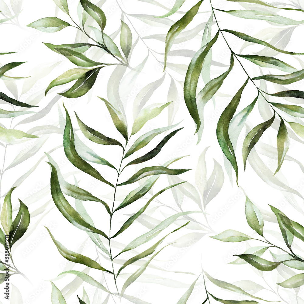 Green tropical leaves on white background. Watercolor hand painted seamless pattern. Floral tropic illustration. Jungle foliage. - obrazy, fototapety, plakaty 