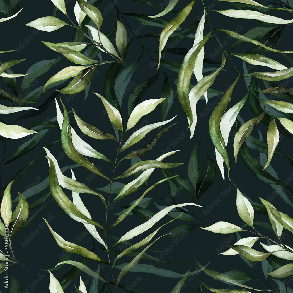 © Veris Studio - Green tropical leaves on dark background. Watercolor hand painted seamless pattern. Floral tropic illustration. Jungle foliage.