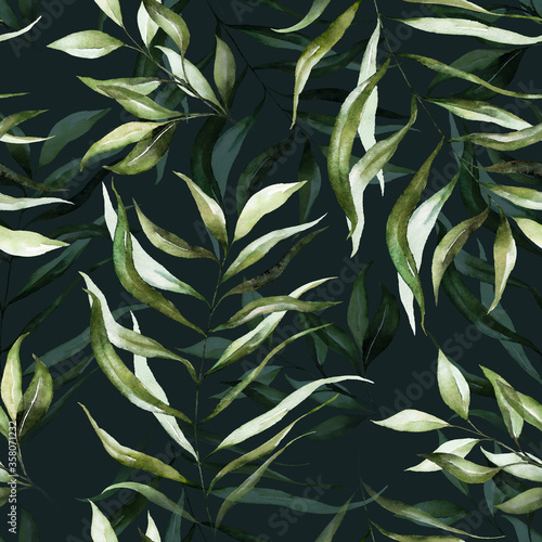 Green tropical leaves on dark background. Watercolor hand painted seamless pattern. Floral tropic illustration. Jungle foliage.