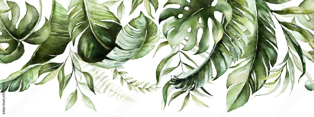 Fototapeta Zielone tropikalne liście na białym tle malowane akwarelą