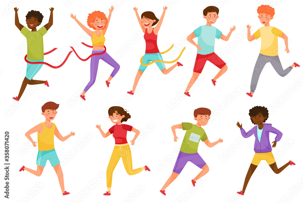 Man and Women Characters Running and Crossing Finishing Line Vector Illustrations Set Man and Women Characters Running and Crossing Finishing Line Vector Illustrations Set