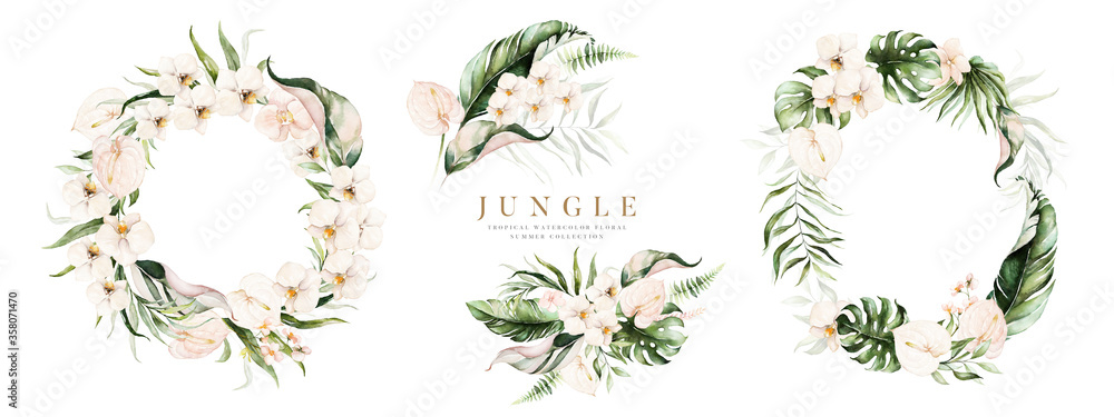 Watercolor floral tropical set. Frame, bouquets, wreath. Flower and green gold leaf branches bouquets collection, for wedding stationary, greetings, wallpapers, fashion, background. - obrazy, fototapety, plakaty 