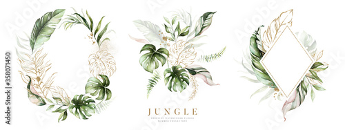 Watercolor floral tropical set. Frame, bouquets, wreath. Flower and green gol...