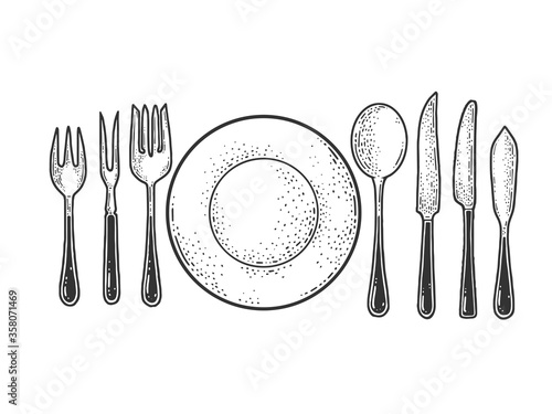 plate and cutlery sketch engraving vector illustration. T-shirt apparel print design. Scratch board imitation. Black and white hand drawn image.