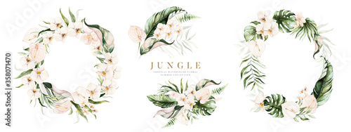 Watercolor floral tropical set. Frame, bouquets, wreath. Flower and green gold leaf branches bouquets collection, for wedding stationary, greetings, wallpapers, fashion, background.