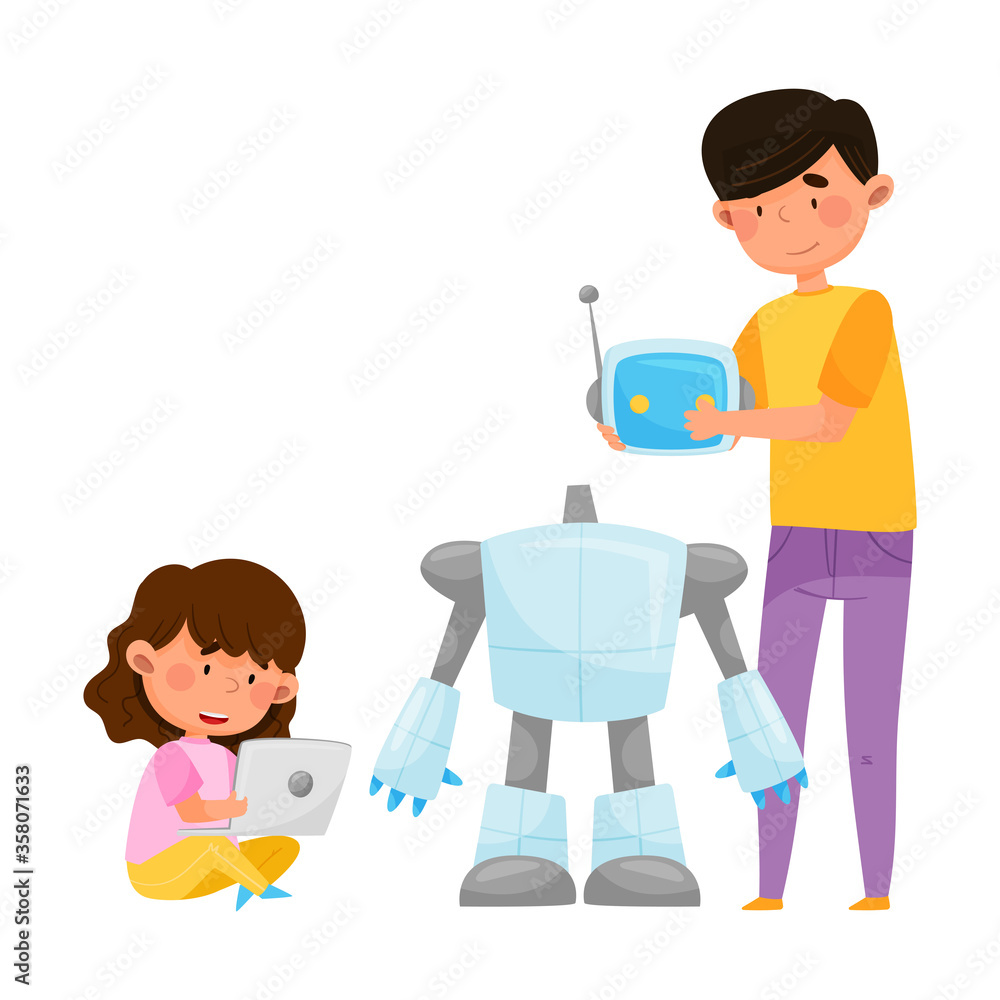 Young Student Boy Standing with Kid and Controlling Robot with Tablet Vector Illustration