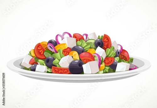 Greek salad of fresh vegetables and cheese in large white ceramic plate object isolated on a white background