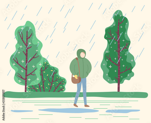 Female character walking in forest in rainy day. Bad weather conditions outdoors, season of rainfalls. Woman wearing protective raincoat. Spring or autumn in park. Puddles on ground vector in flat