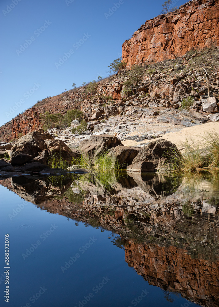 Perfect reflection of orange rocky wall on still water. Green vegetation. No people. No clouds. Clean landscape. Vertical picture. Ormiston gorge, Macdonnell ranges, Northern Territory NT, Australia