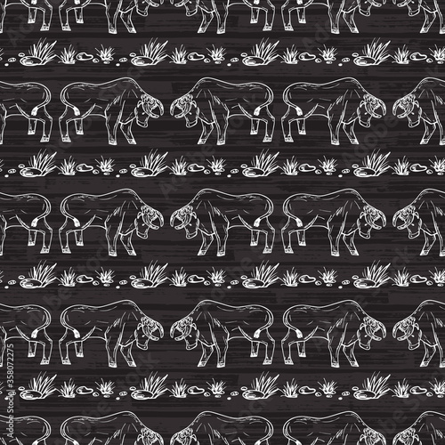 Vector Seamless pattern with hand drawn doodle Bull. Black and white Animal background