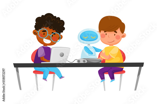 Little Kids Sitting at Table and Configurating Robot Vector Illustration