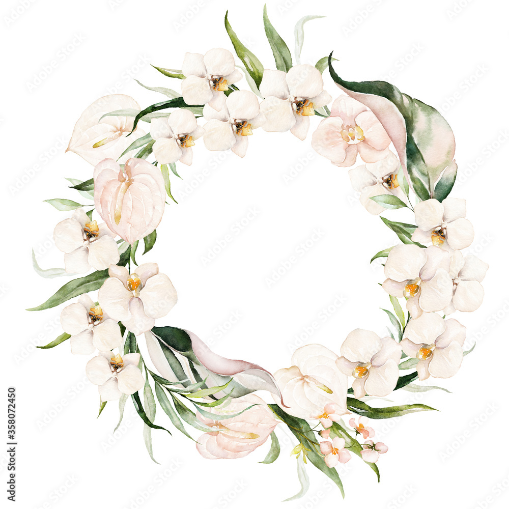 Tropical exotic watercolor floral wreath. Green leaves, blush flowers. For wedding stationary, greetings, wallpaper, fashion, background. Palm fern banana green leaves.