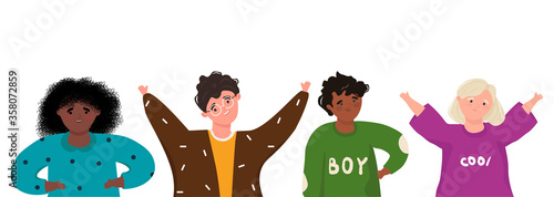 Happy modern children of different nationalities in trendy clothes on a white background. Nice vector flat illustration in cartoon style.