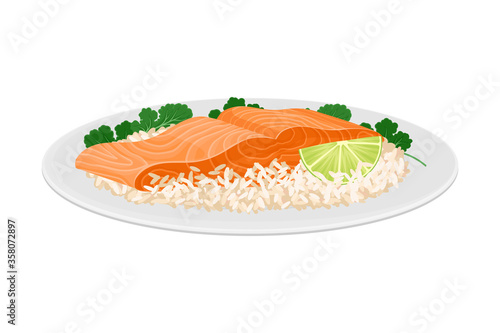 Salmon Piece with Rice and Sliced Lime Served on Plate Vector Illustration