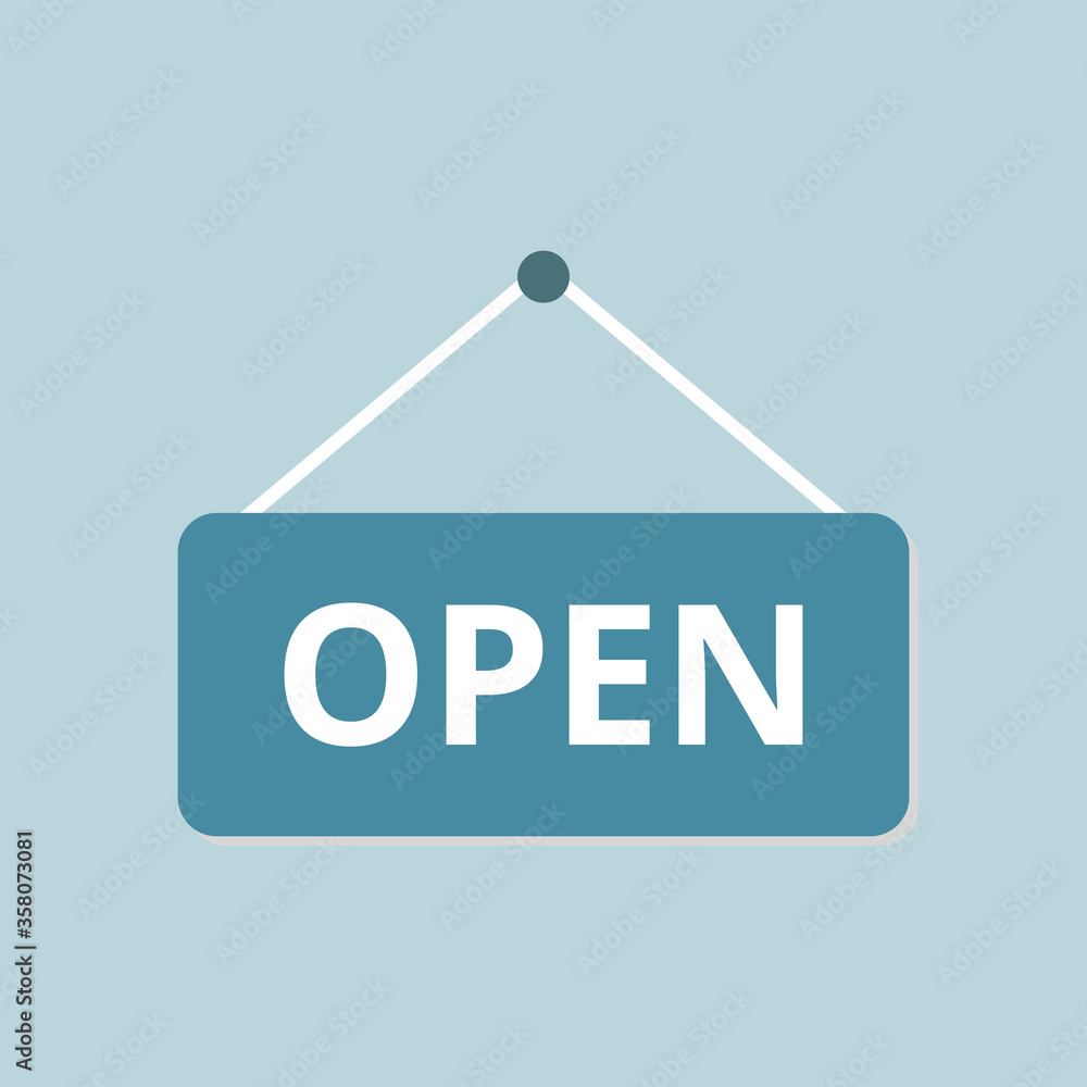 Open sign vector. Hanging open sign flat illustration. Text label. Open sign vector. Hanging open sign flat illustration. Text label.