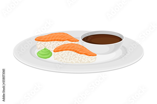 Sushi with Raw Salmon and Soy Sauce Served on Plate Vector Illustration