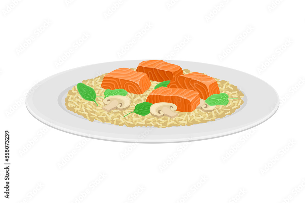 Cubes of Salmon Fish with Rice and Mushrooms Served on Plate Vector Illustration Cubes of Salmon Fish with Rice and Mushrooms Served on Plate Vector Illustration
