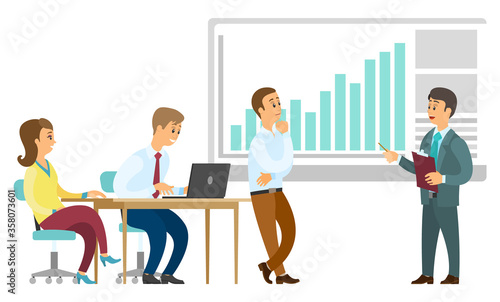 Man and woman discussing work, presenter showing graph report. Man presenting board with chart, people communication with laptop, company investment vector