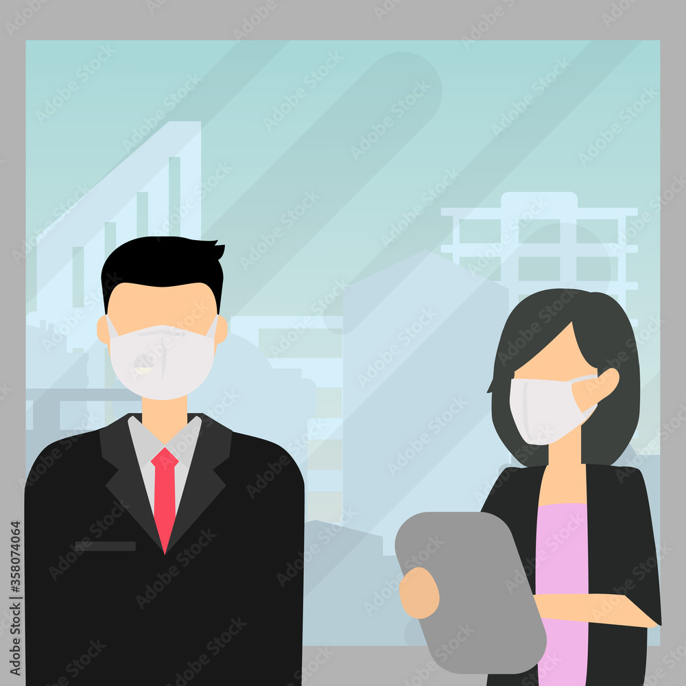 Boss orders secretary about job in high rise building office, city center. Under keeping distance to reduce the spread of disease. In new normal concept. Boss orders secretary about job in high rise building office, city center. Under keeping distance to reduce the spread of disease. In new normal concept.