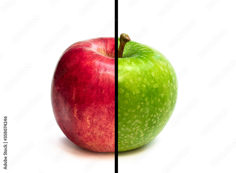 concept of comparison green apple vs. red apple isolated on white