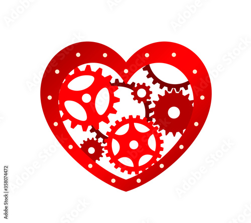 Red heart with gears on a white background. Mechanism. Steampunk. Vector design element for a stylish holiday greeting card, love concept, print for t-shirt, clothing and bags