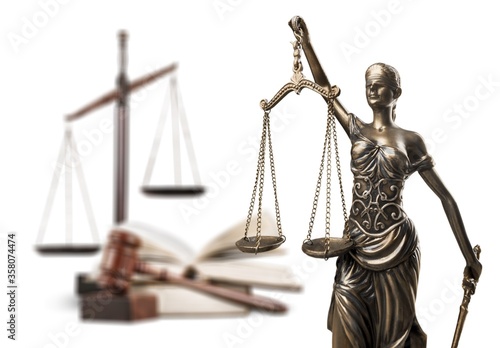 Justice bronze statue and wooden gavel. Justice concept