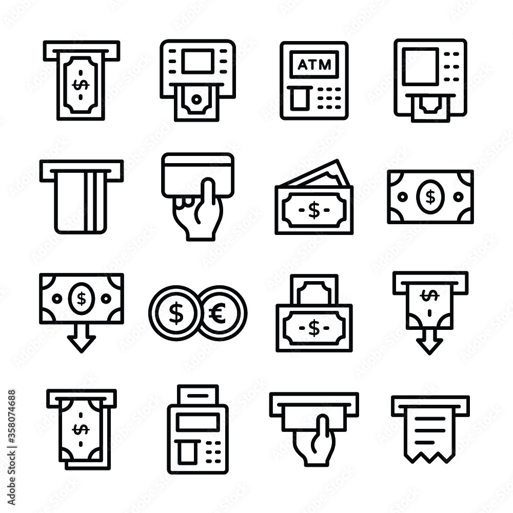 ATM Machine, Money, Money Withdrawal, ATM Line Icons Set
ATM Machine, Money, Money Withdrawal, ATM Line Icons Set