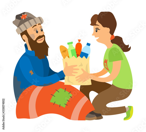 Smiling woman volunteer giving products in bag to beggar man, charity to homeless, sitting vagrant in clothes and blanket with patches, sharing vector