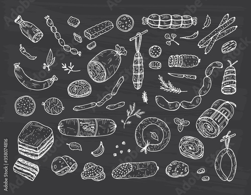 Sausages set. Food. Hand drawn doodle Meat products: Ready sausage, bacon, sliced saveloy, sausage, spicy pepperoni, smoked sausages, stick of salami, baked meatloaf, frankfurters