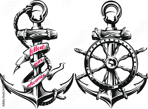 Anchor and ship wheel  vector illustration