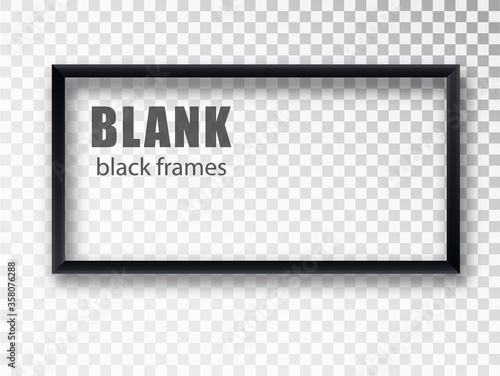 Black rectangular realistic empty picture frame on transparent background. Blank black picture frame mockup template isolated. Vector illustration.