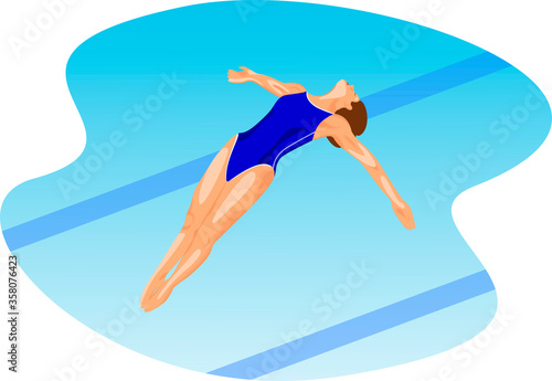 girl athlete performs a jump from a tower into the pool
