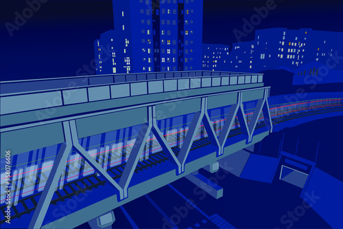 Ilustración de un metro pasando por un puente con edificios al fondo