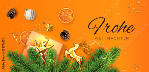 Orange Frohe Weihnachten translate Merry Christmas Holiday horisontal poster illustration with realistic vector 3d gift under the christmas tree top view, golden deer, and christmas elements. Vector.