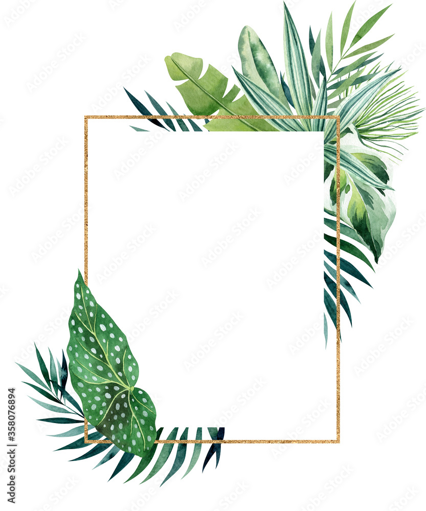 Tropical leaves watercolor golden geometric frame with copy space ...