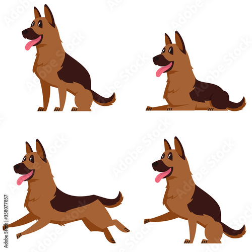 German shepherd in different poses. Beautiful dog in cartoon style.