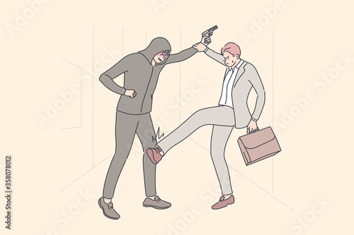 Business, robbery, fight concept. Cartoon characters young businessman clerk manager with suitcase fighting against robber with gun. Struggle for life and phyical agression or violence illustration.