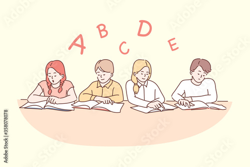 Education, reading, childhood concept. Group of cartoon characters children boys girls pupils kids preschoolers sitting together teaching grammar and letters with books. Back to school and knowledge.