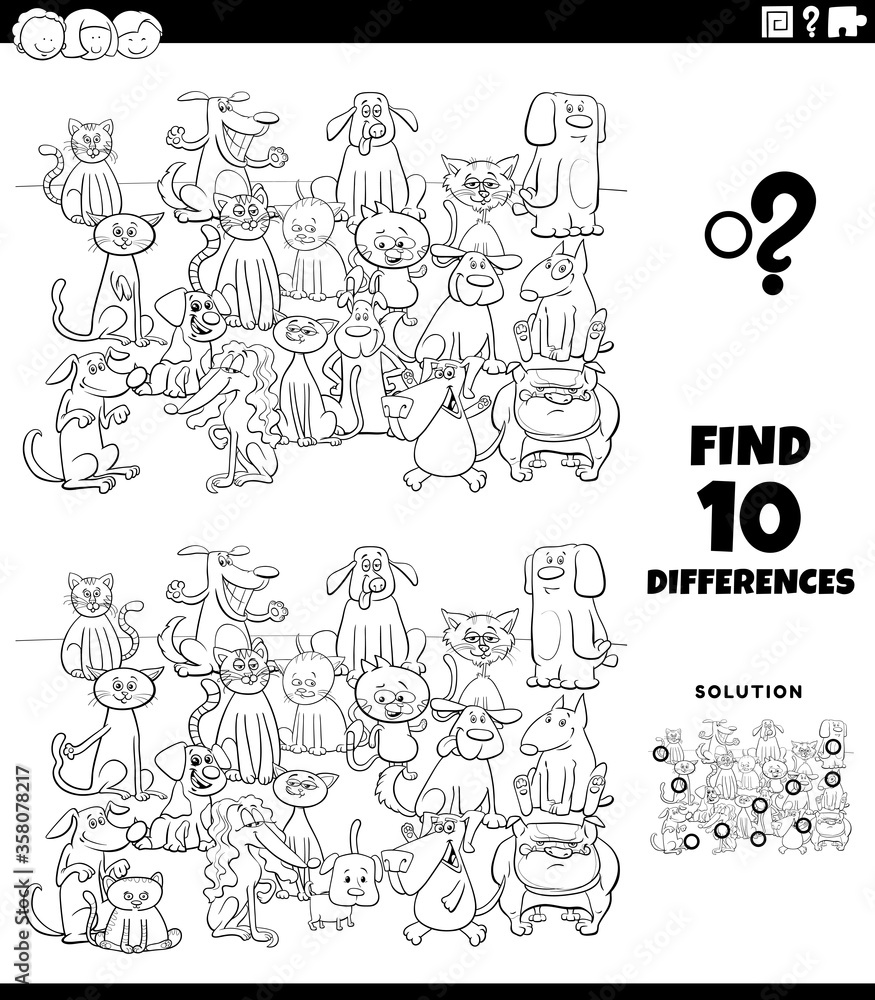 differences educational task with cats and dogs color book page
