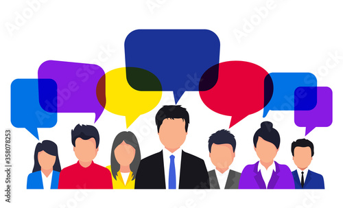Icons of people with speech bubbles. Team, thinking, question, brainstorm concept, idea. Communication concept. People avatars communication, talking relating to feedback, reviews and discussion