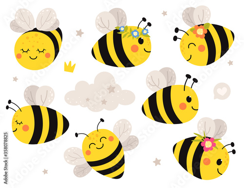 Cute set with bees. Vector isolates on a white background in cartoon flat style.
