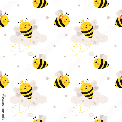 Seamless pattern with cute bees. Vector pattern in cartoon flat style.